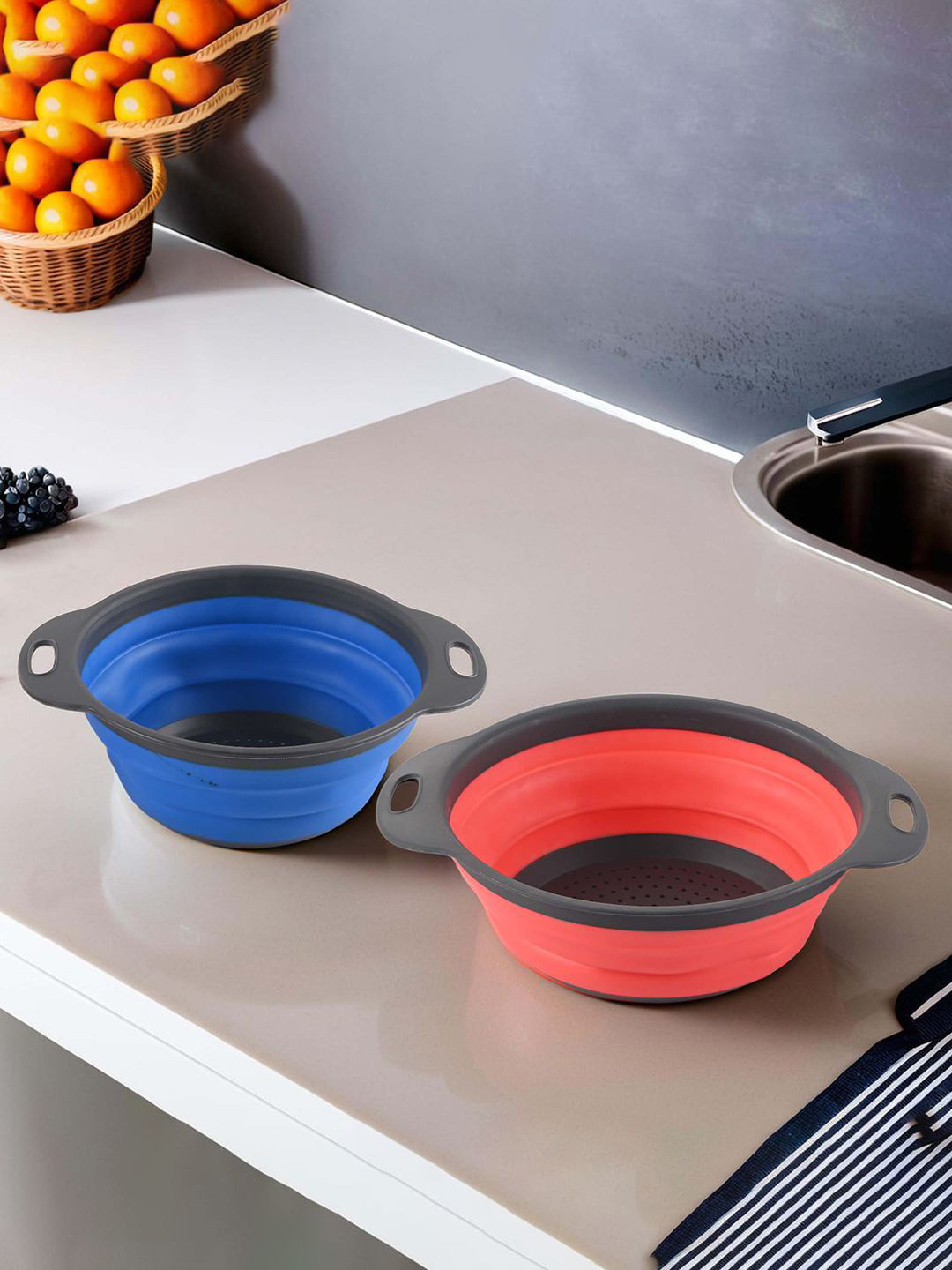 Kuber Industries Set of 2 Durable & Lightweight Silicon Kitchen Strainer With Handle Red