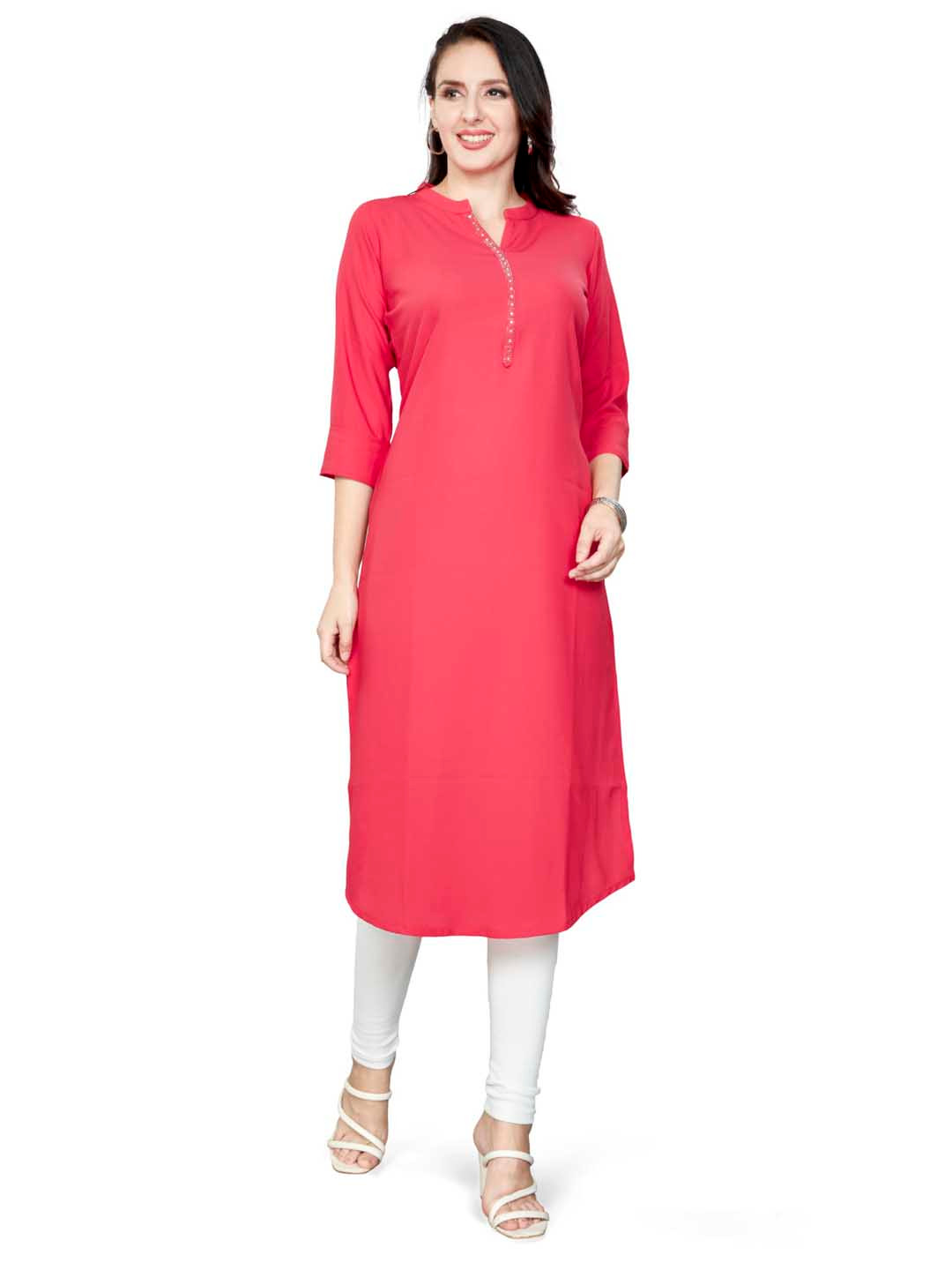 Nioni Swarovski Mandarin Collar Dobby Linen Straight Kurta