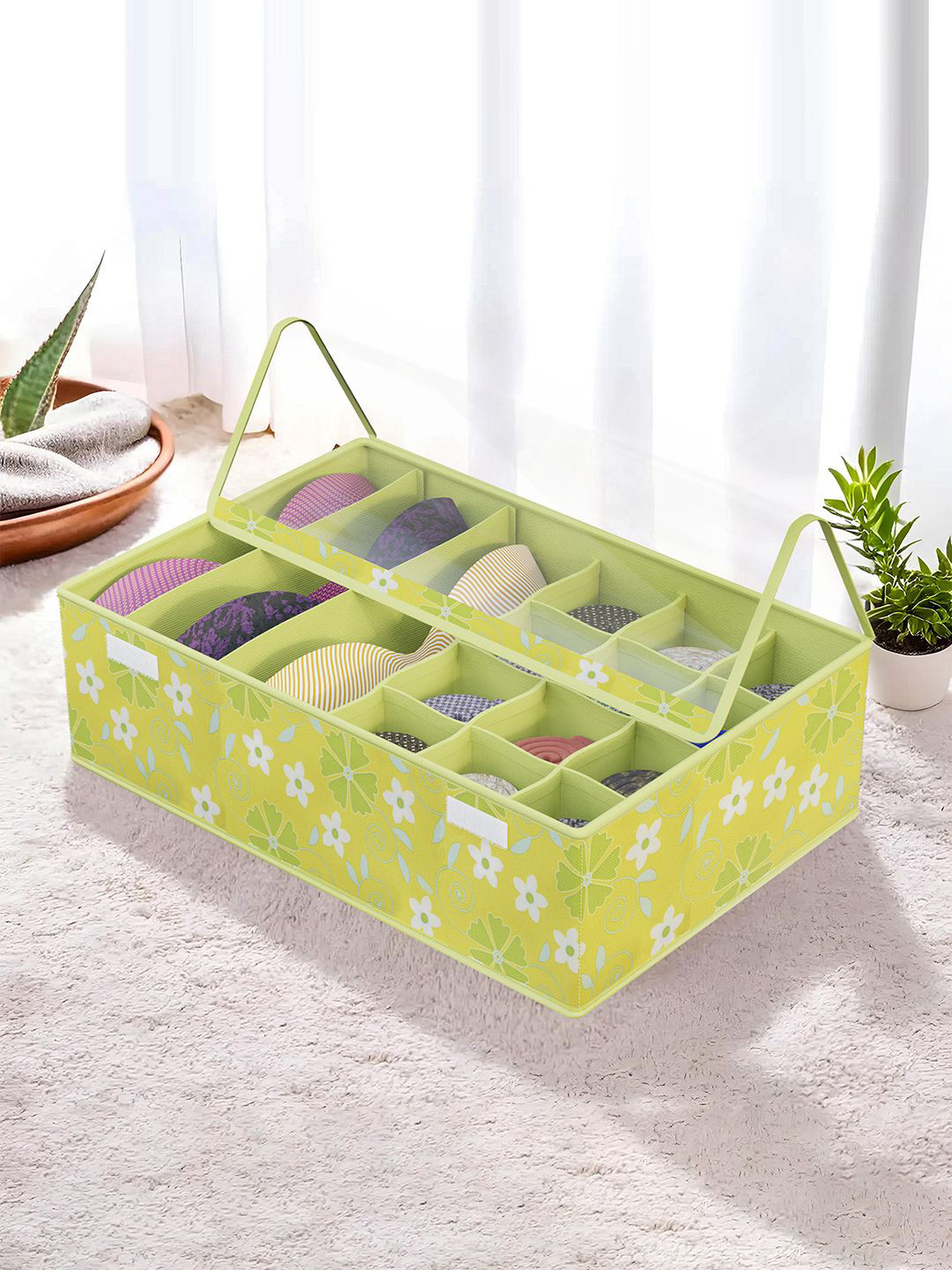 Kuber Industries Green Printed Reusable Drawer Socks Organisers With Transparent Lid