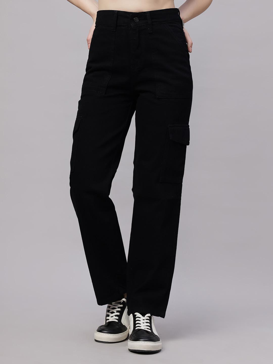 ZUYA Women BLACK 6-Pocket Straight Fit Denim Cargo Jeans Function Meets Fashion
