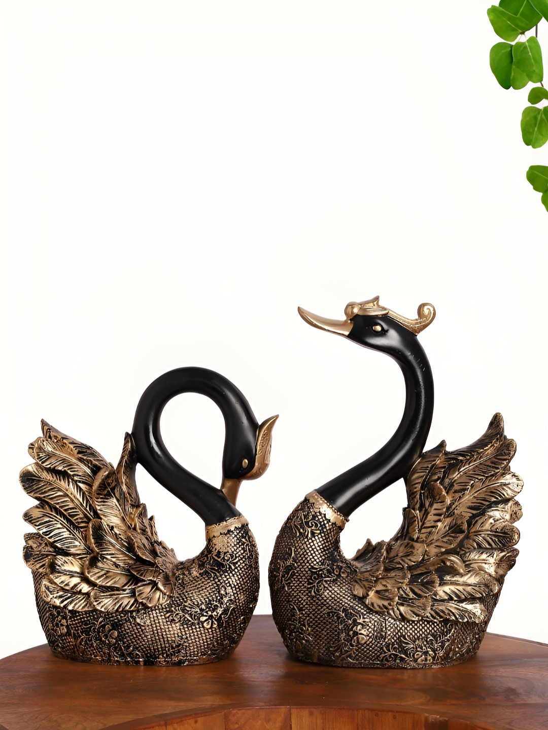 INTERNATIONAL GIFT Swan Pair Gold Polyresin Matte Living Room Set of 2 Medium Showpieces - 10 Inches
