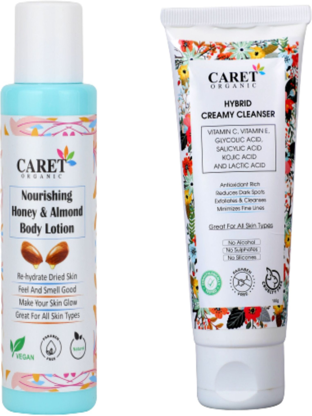 CARET ORGANIC Set Of 2 Hybrid Creamy Cleanser & Almond Honey Lotion - 100 ml Each