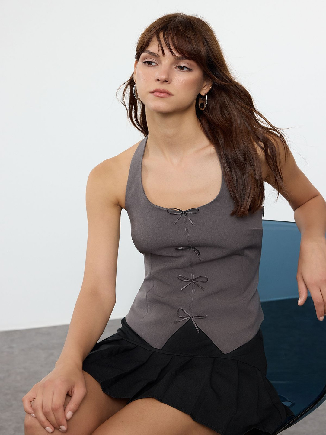 Trendyol Antrasit Bow Detail Halter Neck Top