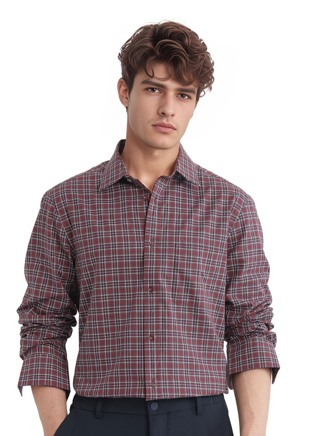 RARE RABBIT Men Spread Collar Tartan Checked Cotton Formal Regular Fit Shirt