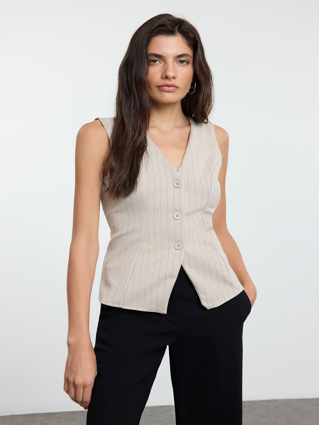 Trendyol Vizon Striped V-Neck Sleeveless Waistcoat