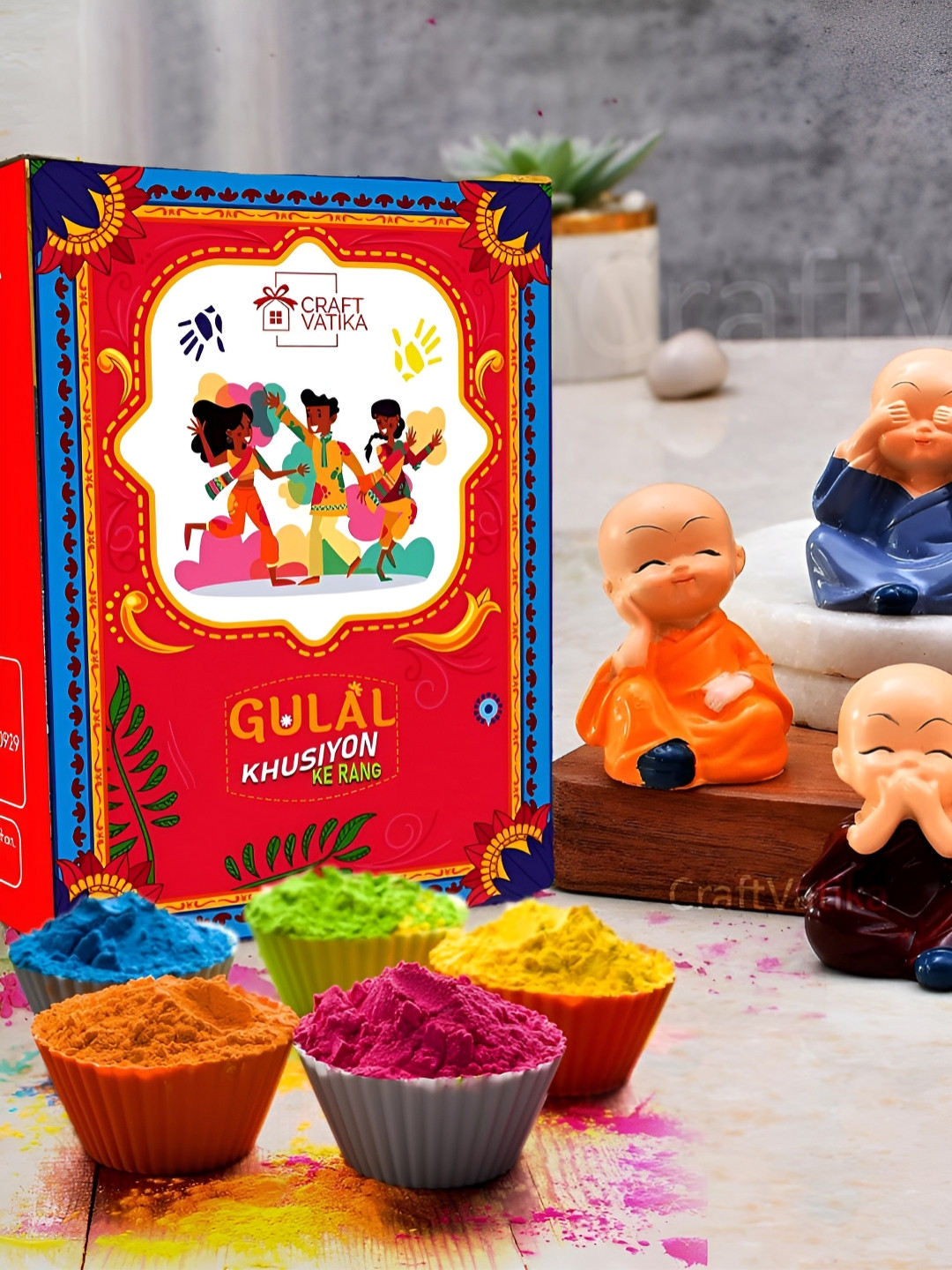 CraftVatika Blue and Brown 9 Pieces Monk Buddha & Gulal Colors For Holi