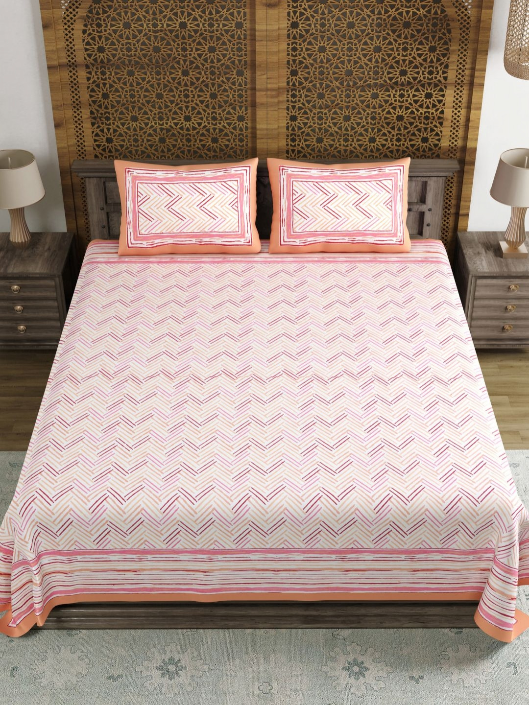 Myntra Elegant Homes Zig Zag Pink Geometric Cotton 210 TC King Fine Bedsheet with 2 Pillow Covers-584 x 584 cm