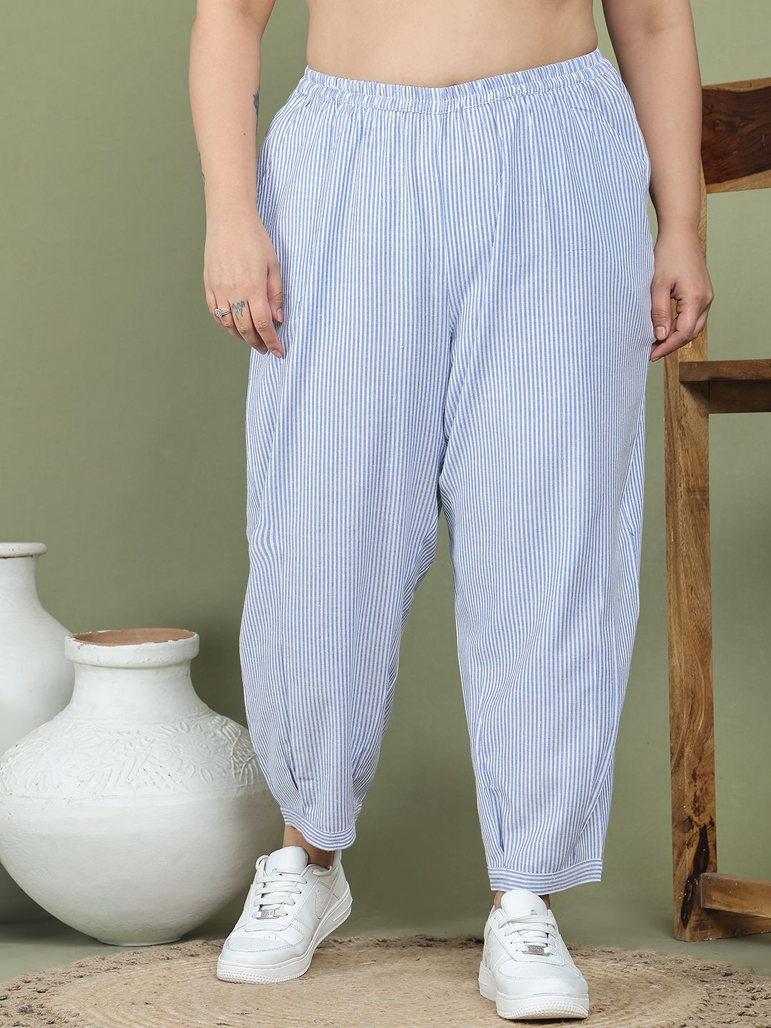 theRebelinme Women Plus Size Striped High-Rise Easy Wash Cotton Cigarette Trouser