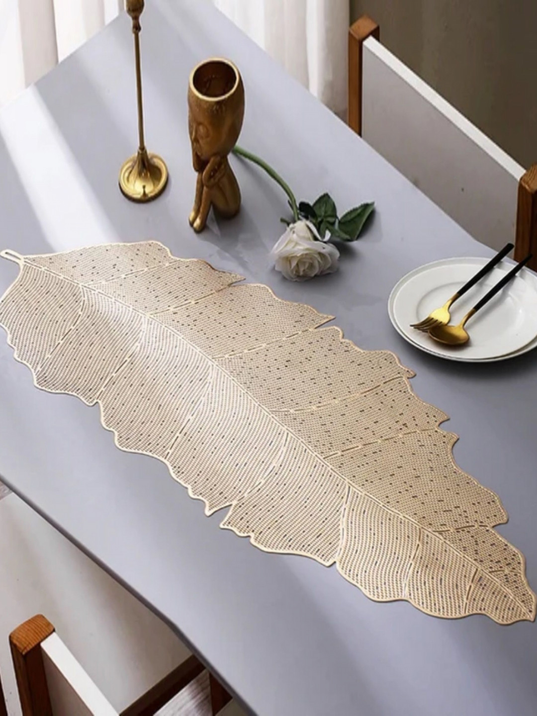 TANLOOMS Gold Toned Leaf Textured Waterproof Table Runner