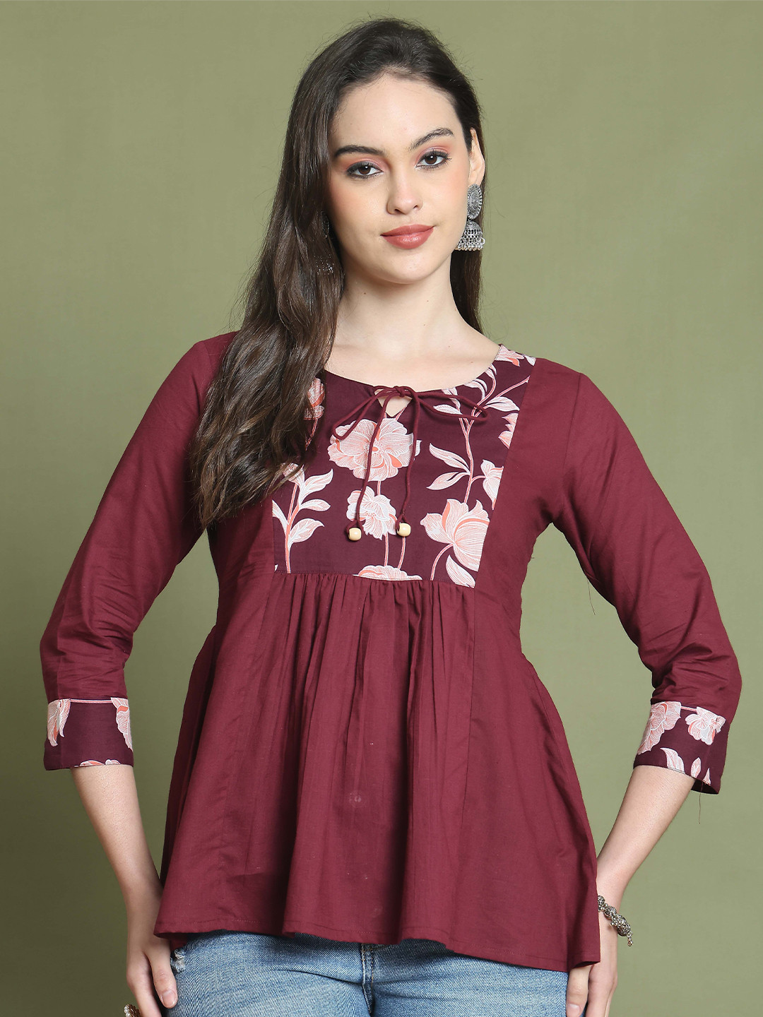 Roly Poly Women Floral Printed Tie-Up Neck Pure Cotton Empire Top
