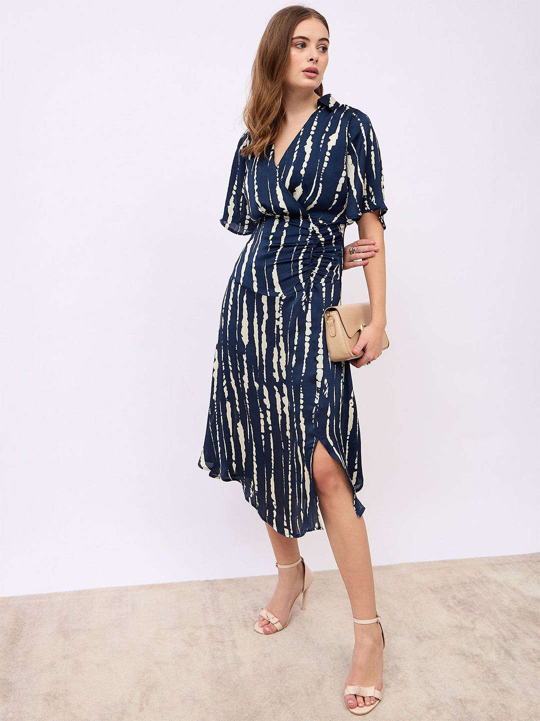 Styli Women Shirt Collar Wrap A-Line Midi Dress with Slit