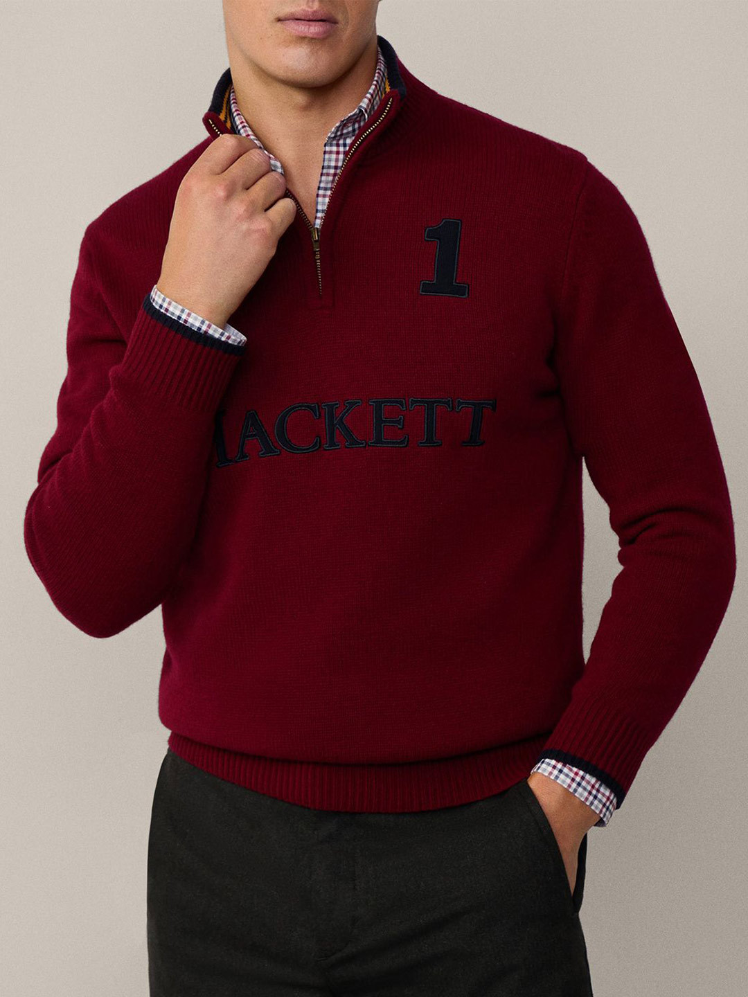 HACKETT LONDON Men Typography Woollen Pullover with Zip Detail Detail