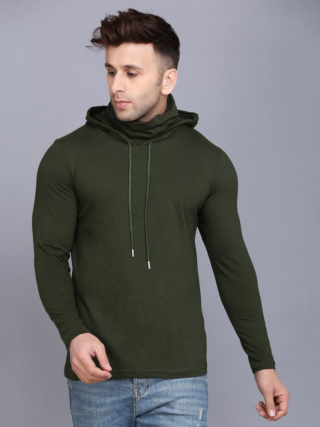 WOOSTRO Men Solid Hooded Slim Fit Cotton T-shirt with Mask