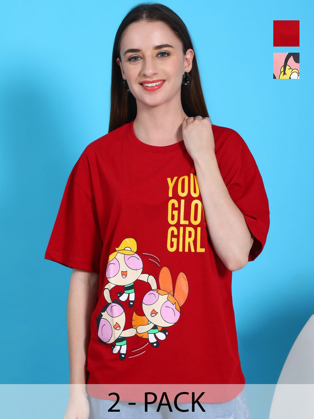 Dreambe Women Pack Of 2 Mickey Mouse Fusion Graphic Printed Cotton Oversized T-shirts