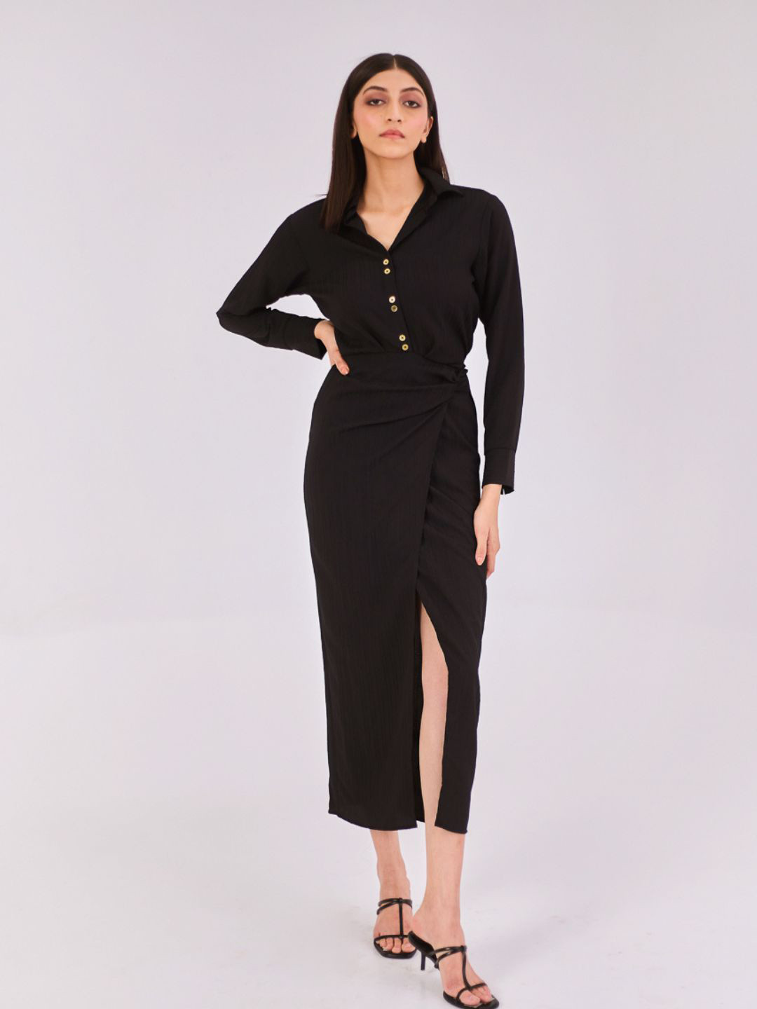 Urban Suburban Women Shirt Collar Cuffed Sleeves Sheath Midi Dress