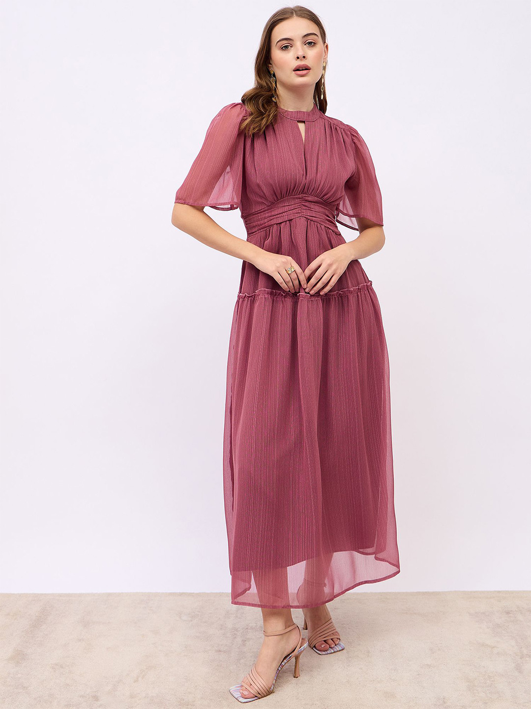 Styli Women Keyhole Neck Ruffle Sleeve A-Line Maxi Dress