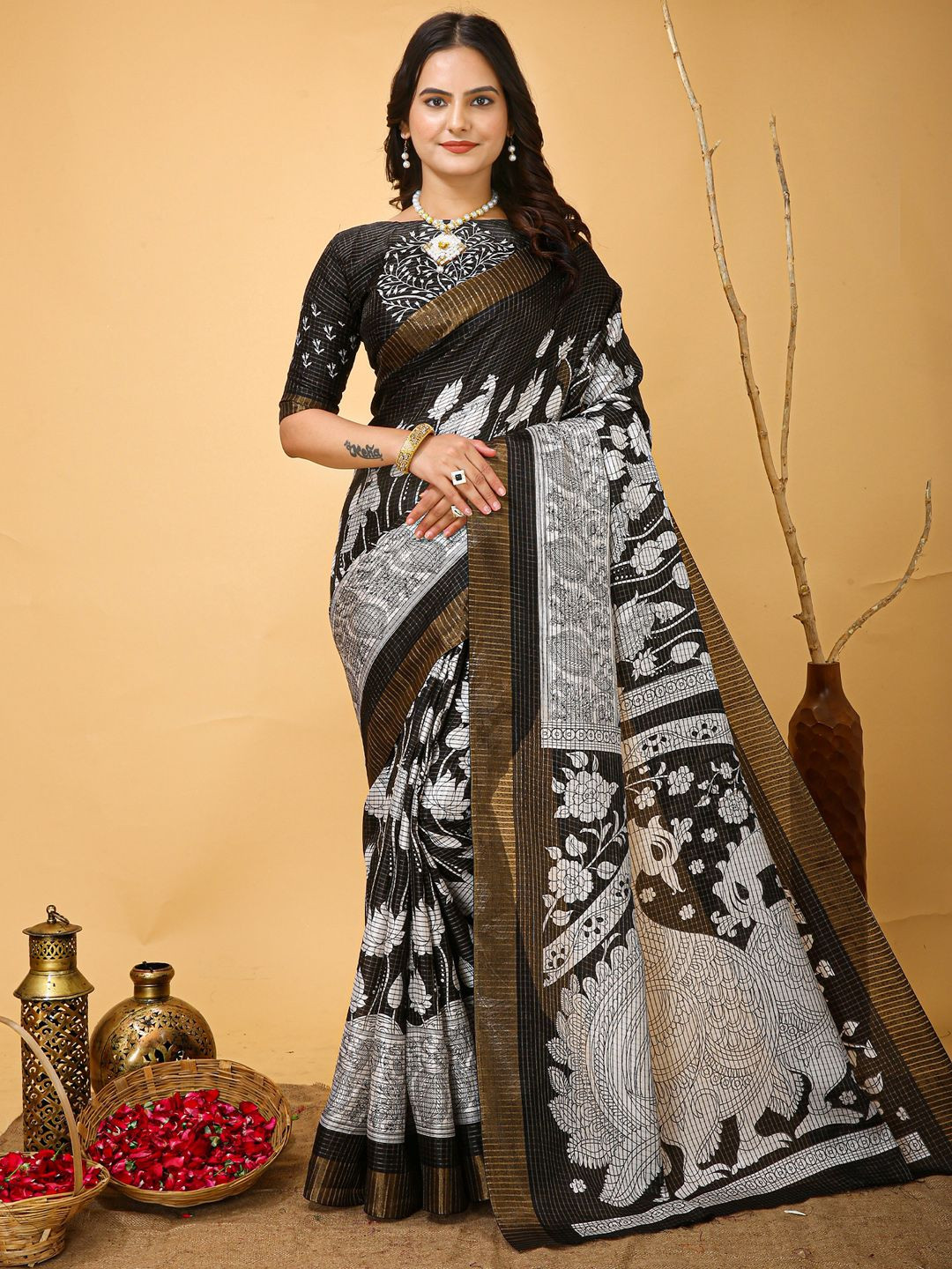 KALINI Kalamkari Printed Zari Heavy Work Sungudi Saree with Matching Blouse