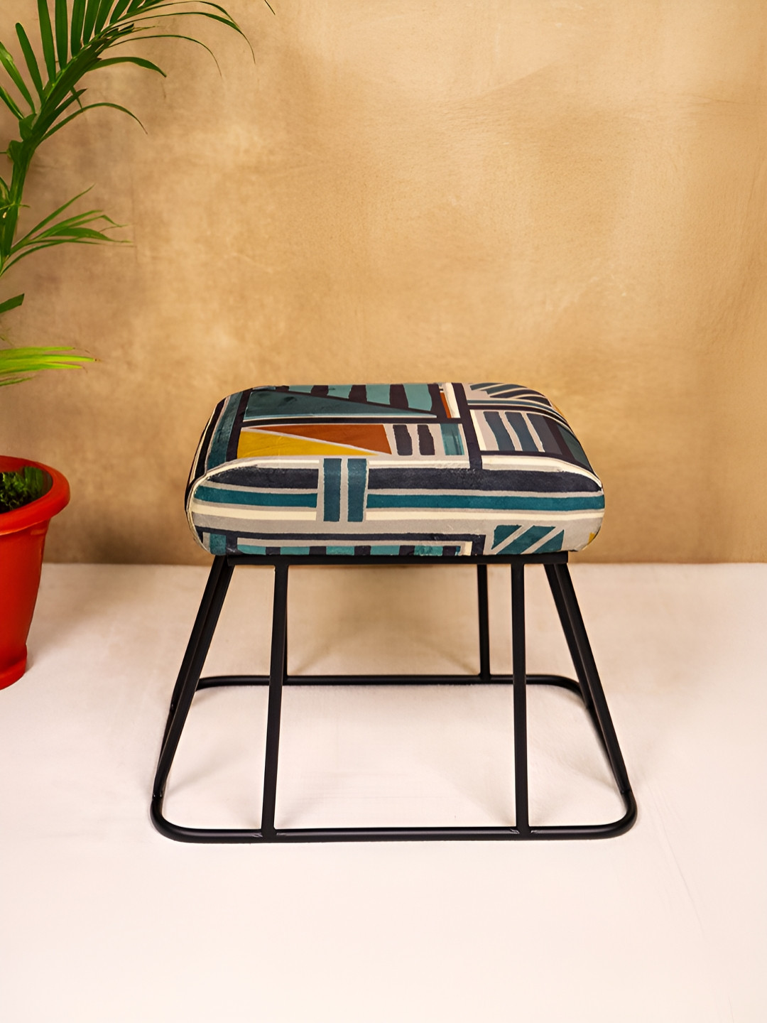 Decoghar Teal Green & Black Geometric Printed Upholstered Square Shaped Metallic Stool