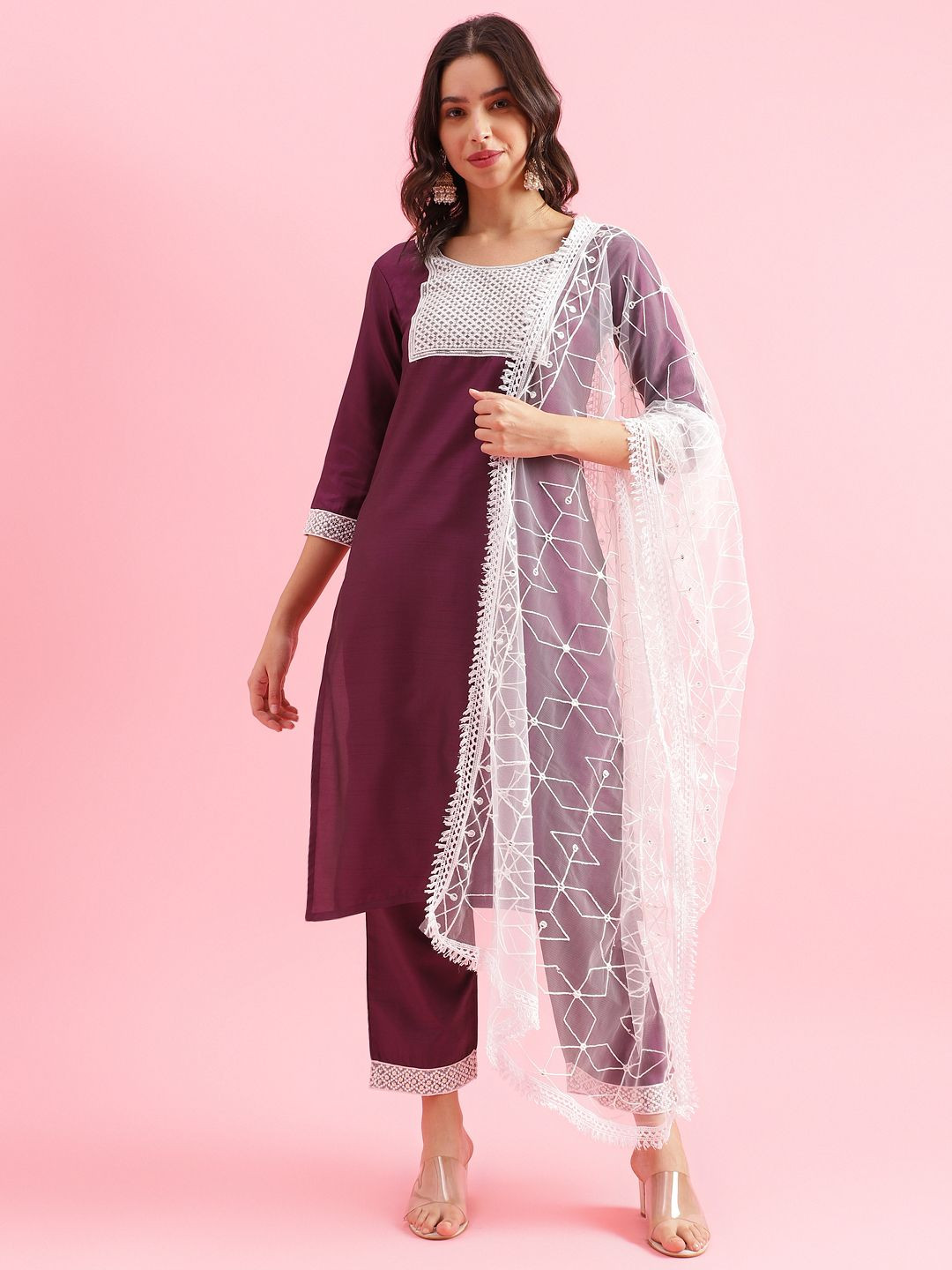 Fourleaf Floral Embroidered Round Neck Sequined Work Kurta With Trousers And Dupatta