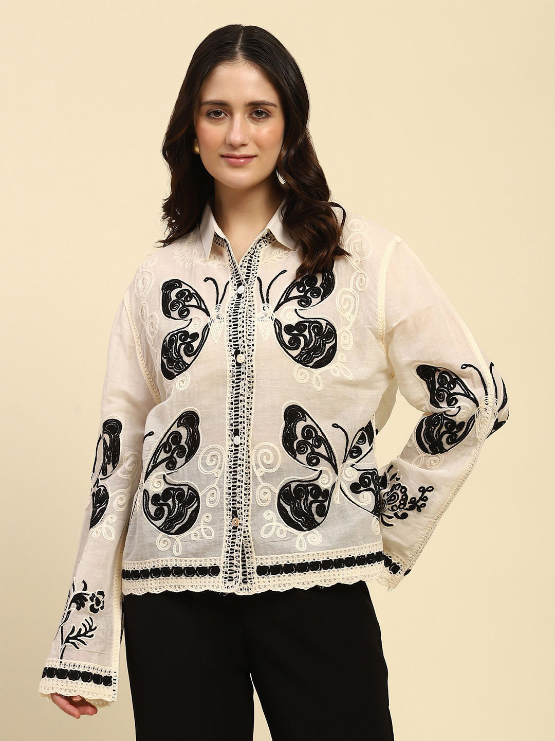 Global Republic Women Classic Relaxed Fit Embroidered Long Sleeves Casual Shirt