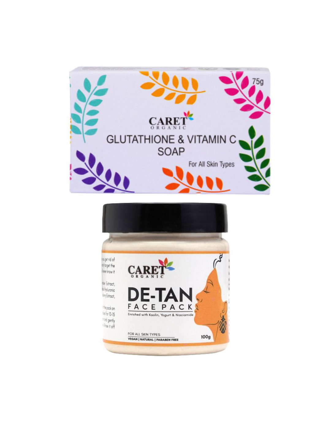 CARET ORGANIC Set Of 2 Vitamin C Glutathione Soap - 75 g & De-Tan Face Pack - 100 g