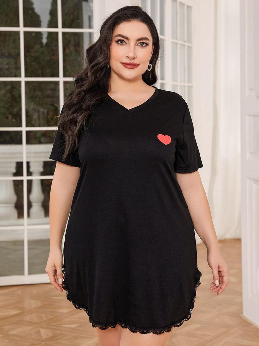 LULU & SKY Women Plus Size Lace Trimmed Hem T-shirt Nightdress