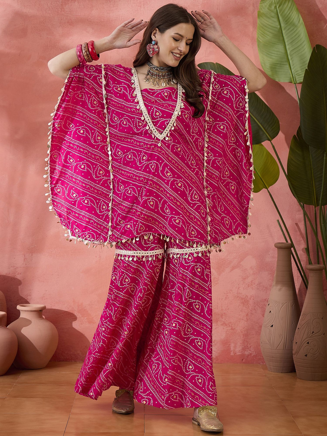Sangria Bandhani Tube Top With Sharara And Kaftan