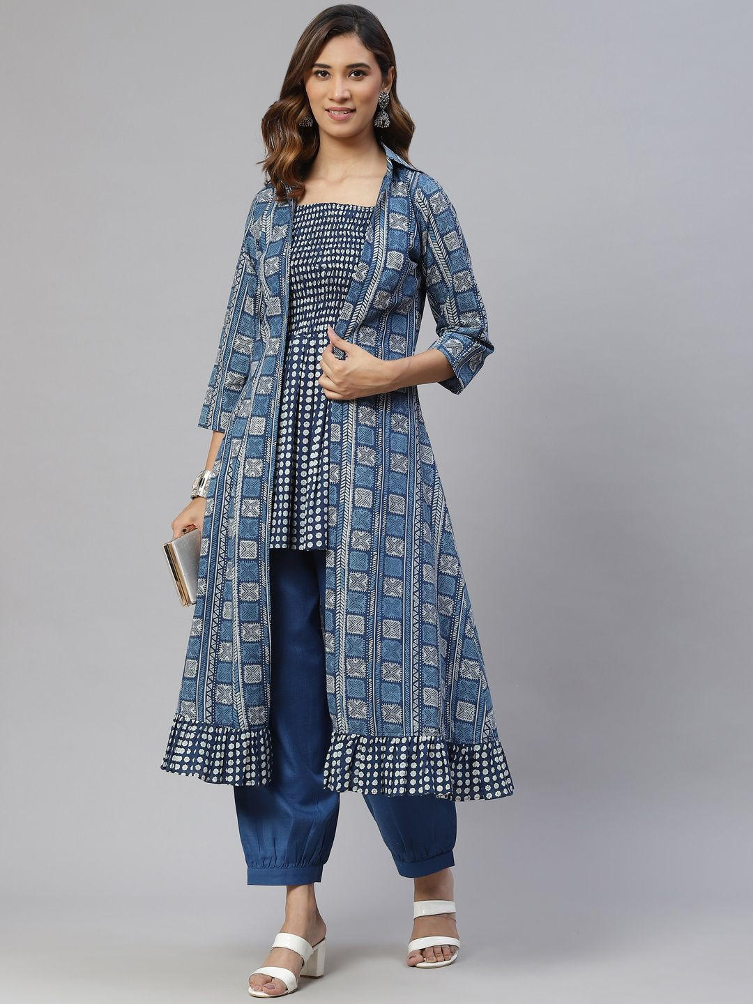 KAVINDI Indigo Printed Pure Cotton Smocked Top With Jacket and Pleated Pant