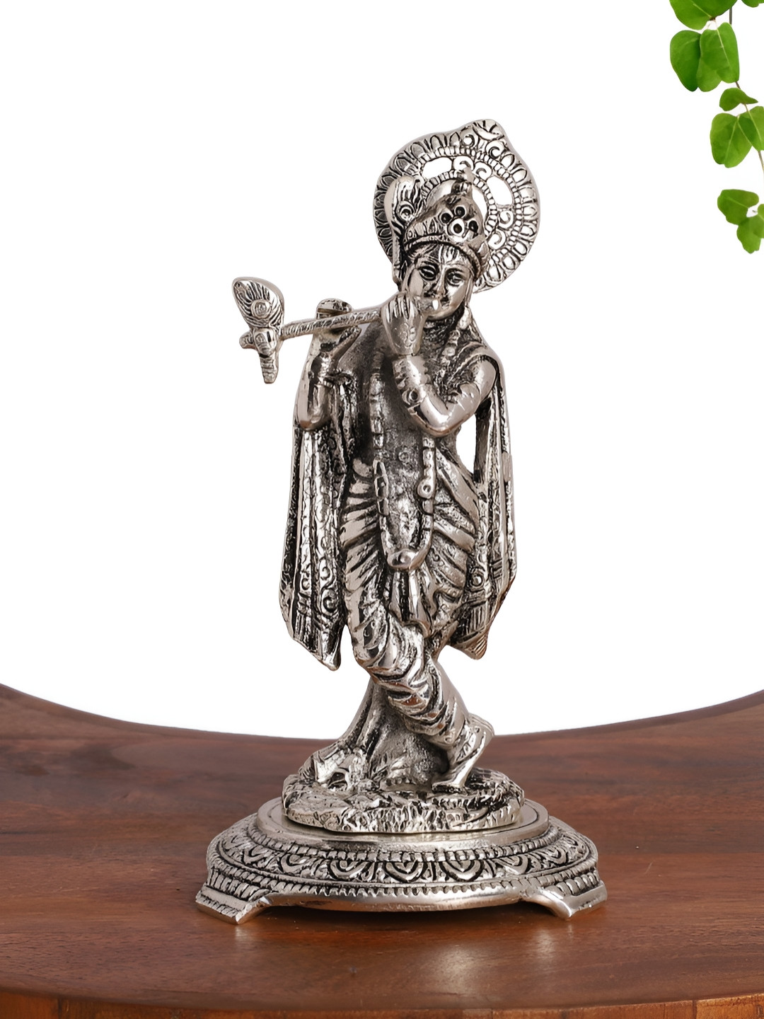 INTERNATIONAL GIFT Lord Krishna Playing Flute Silver Metal Metallic Prayer Room Medium Showpiece - 3.1 Inches