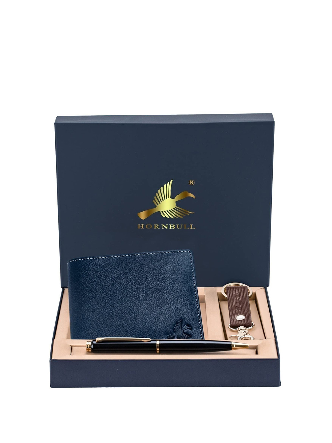 Hornbull Men Maddison Blue Leather Wallet, Keyring & Pen Combo Accessory Gift Set