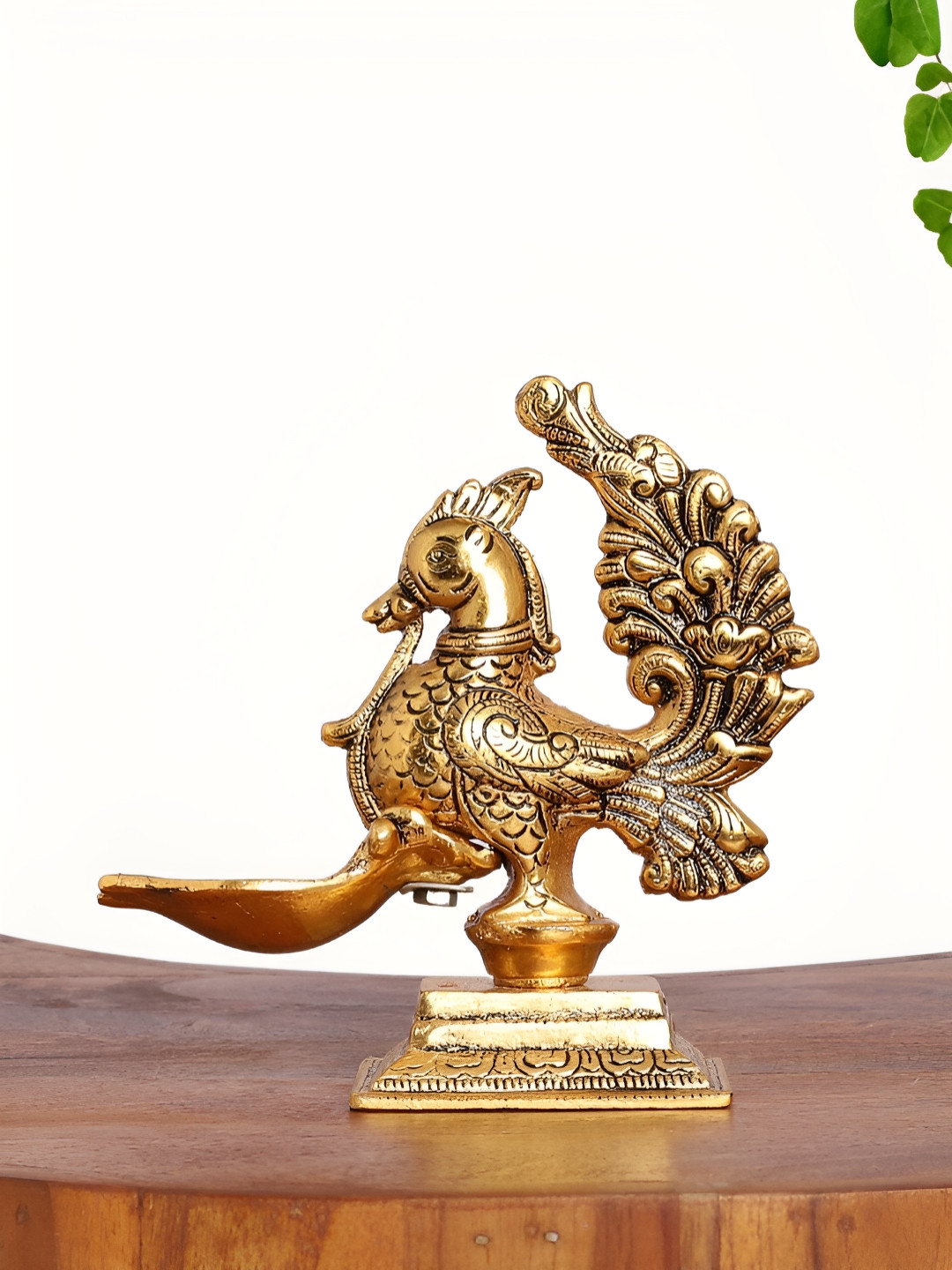 INTERNATIONAL GIFT Peacock Diya Holder Gold Polyresin Metallic Prayer Room Medium Showpiece - 2.2 Inches