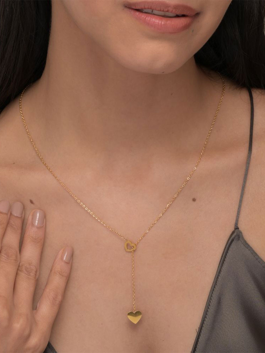 PALMONAS 18KT Gold-Plated Stainless Steel Two Heart Gold Lariat Necklace