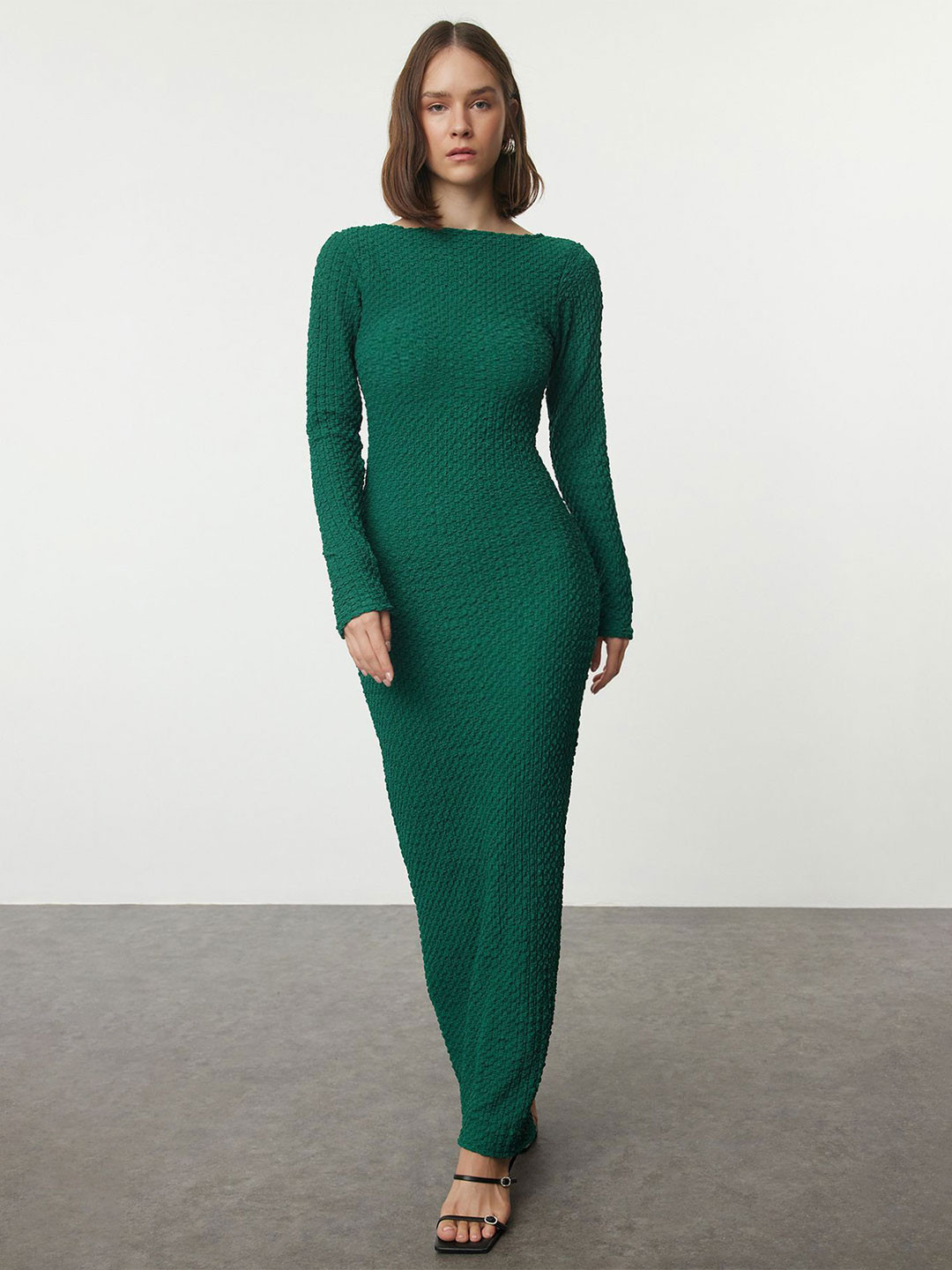 Trendyol Zmrt Yeili Boat Neck Bodycon Maxi Dress