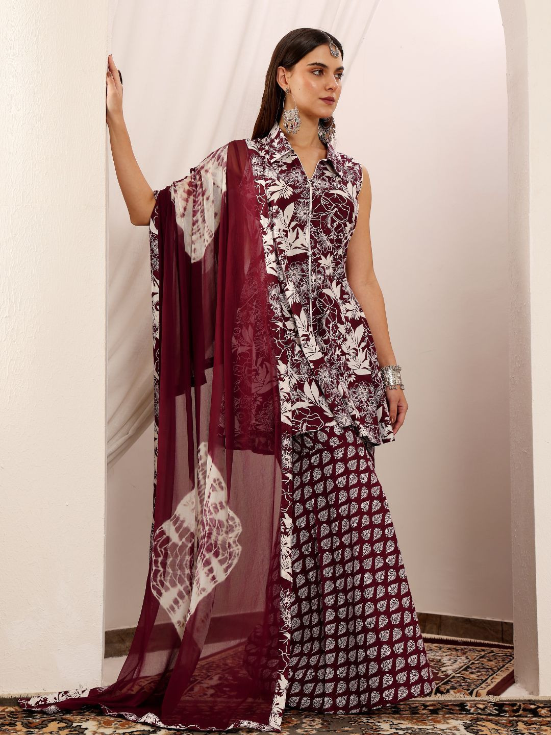 Lative Colours of Fashion Floral Printed Shirt Collar Kurti With Sharara & Dupatta