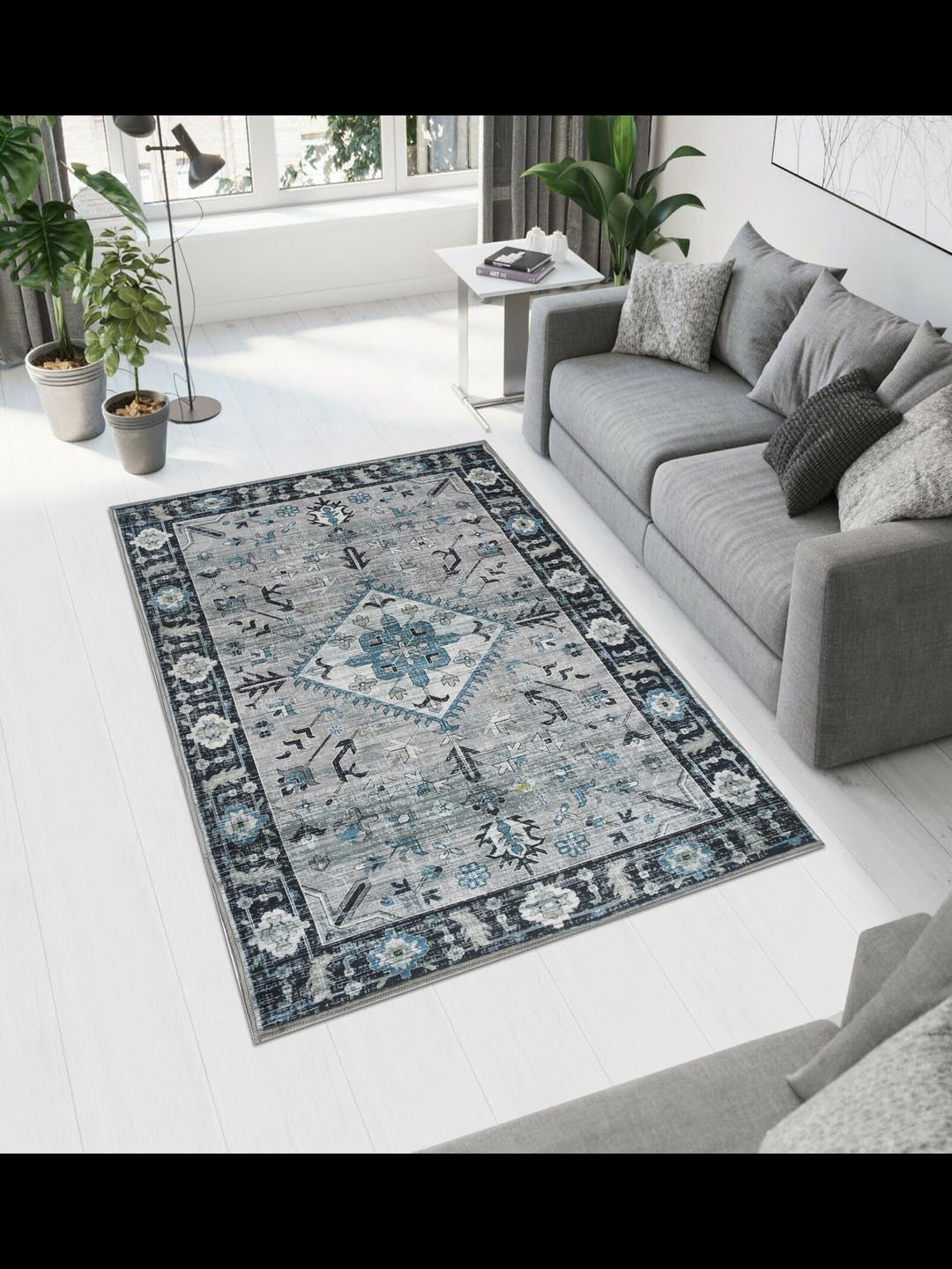 MAA HOME CONCEPT Blue Geometric Anti-Skid Woollen Carpet