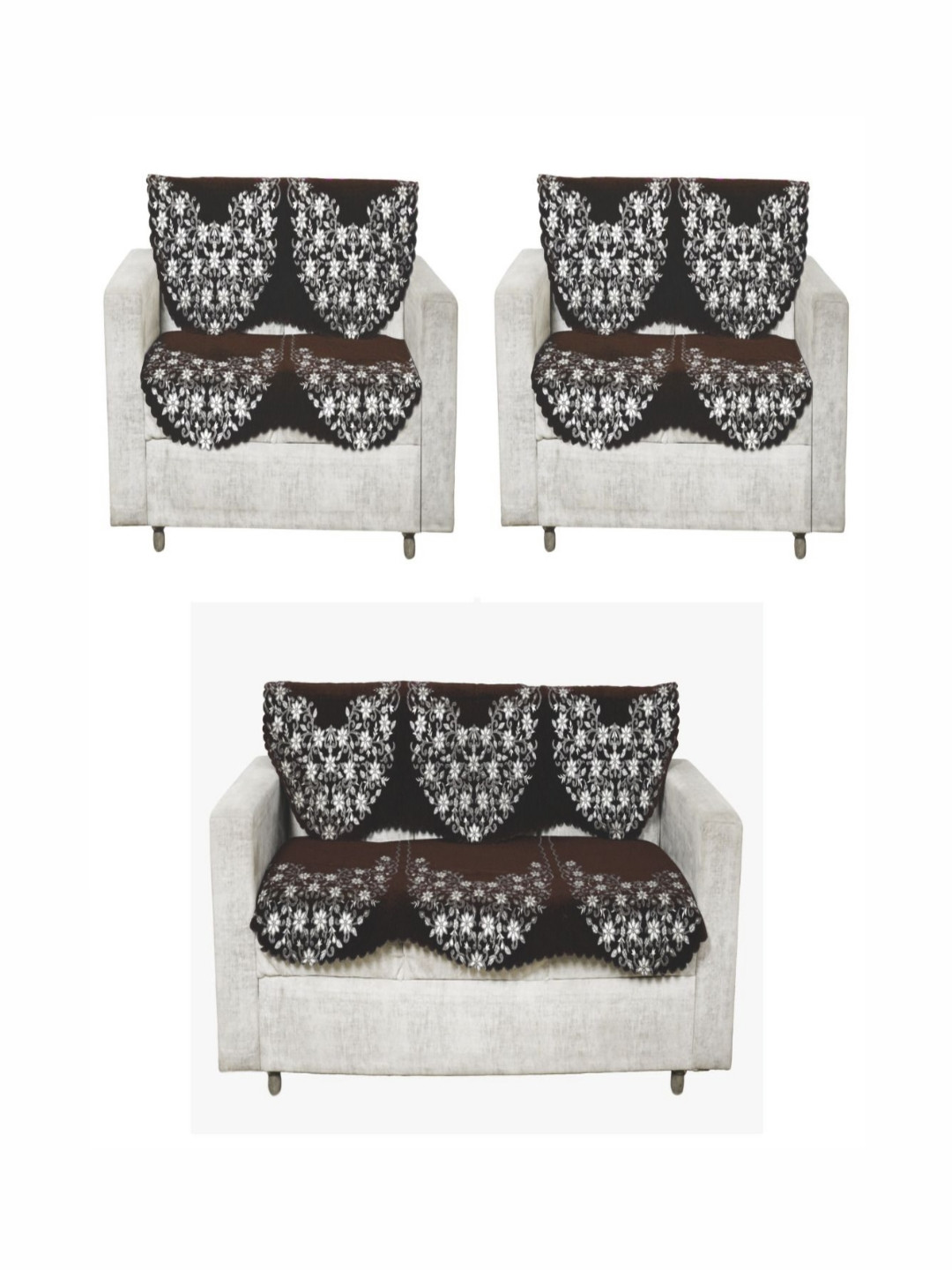 Fashion Throw Coffee Brown 6 Pieces Floral Embroidered Seven Seater Jacquard Sofa Covers