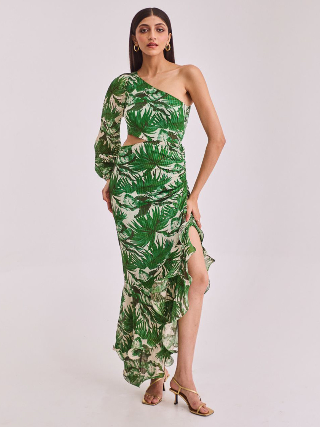 Urban Suburban Floral Printed One Shoulder Ruched Georgette Bodycon Maxi Dress
