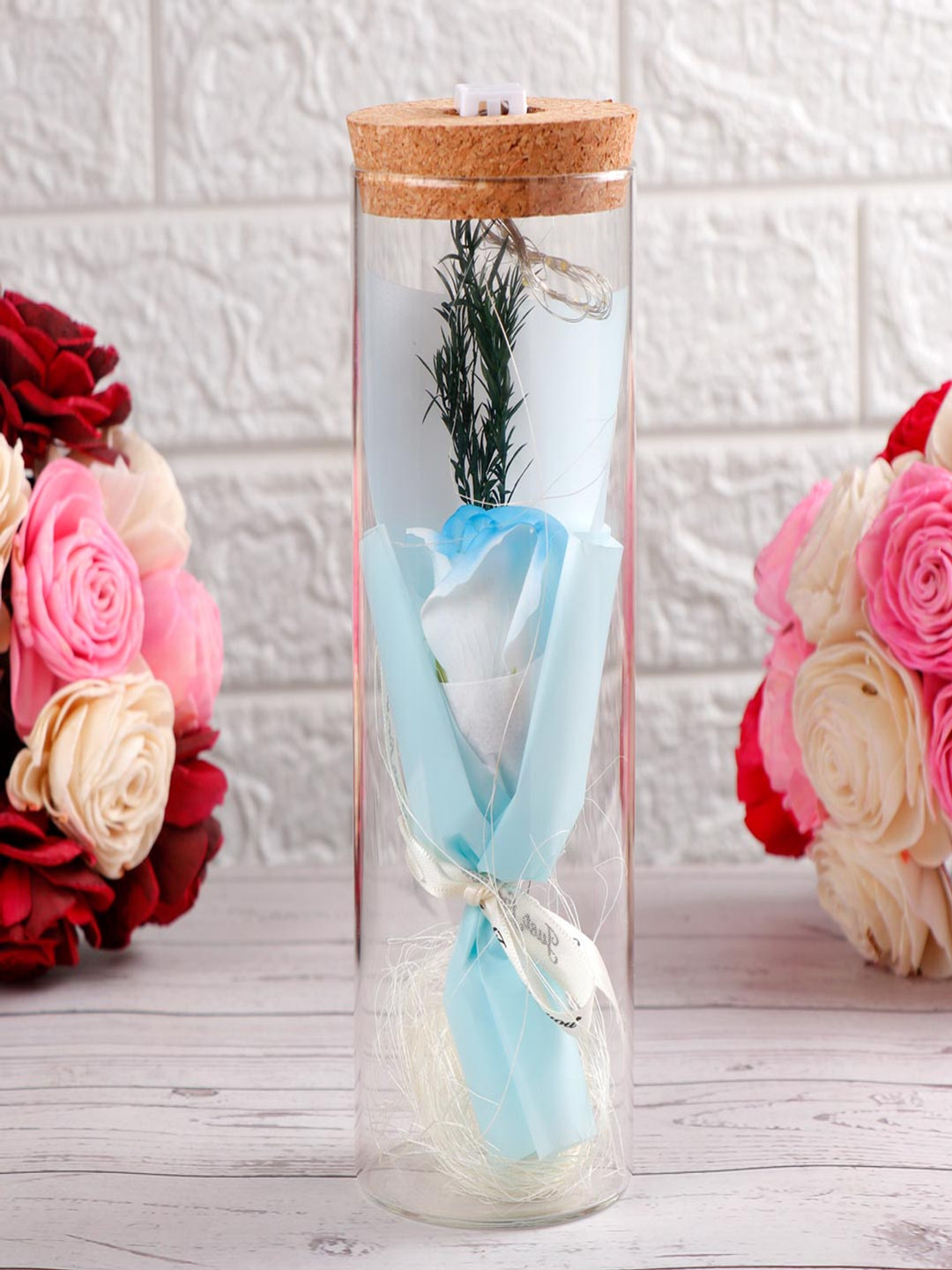 Archies Roses Jar Of Love Blue Glass Glossy Living Room Medium Showpiece - 9.1 Inches