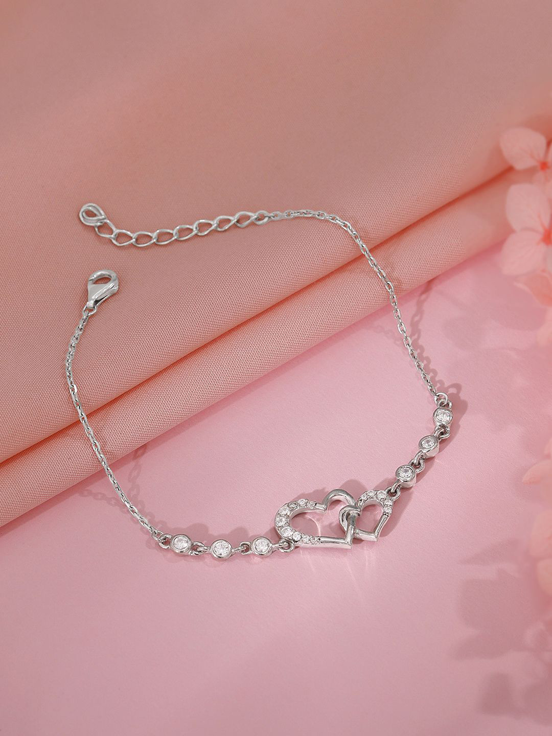 GIVA 925 Sterling Silver Rhodium-Plated Cubic Zirconia Studded Duoheart Bracelet