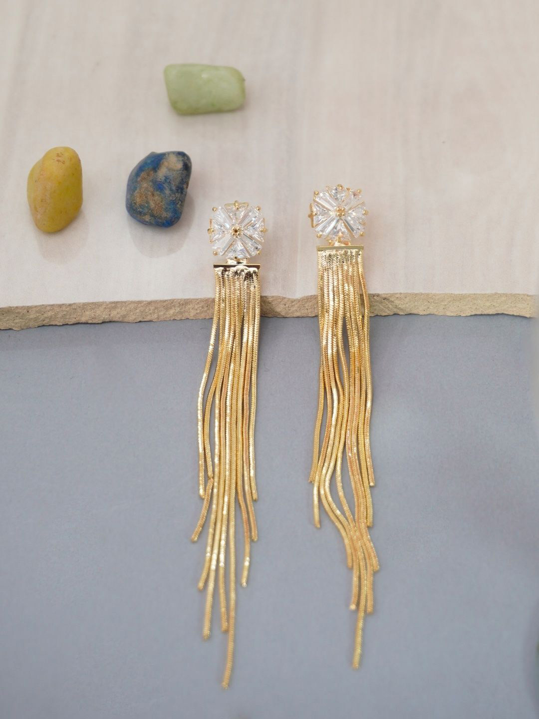 Niscka Gold-Plated American Daimond Stone Studded Contemporary Drop Earrings