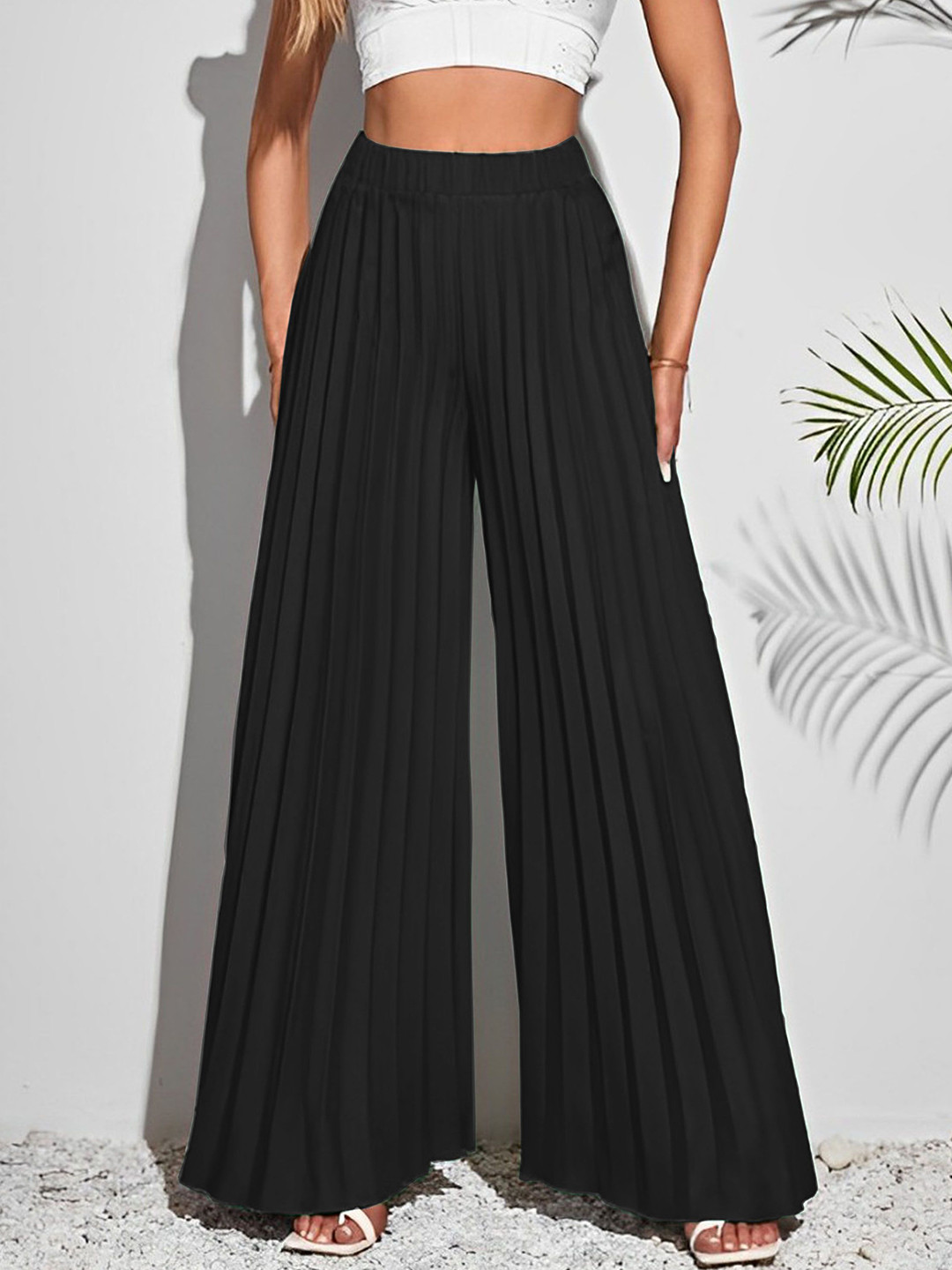 kintu parantu Women Self Design Knitted Wide Leg Plated Palazzos