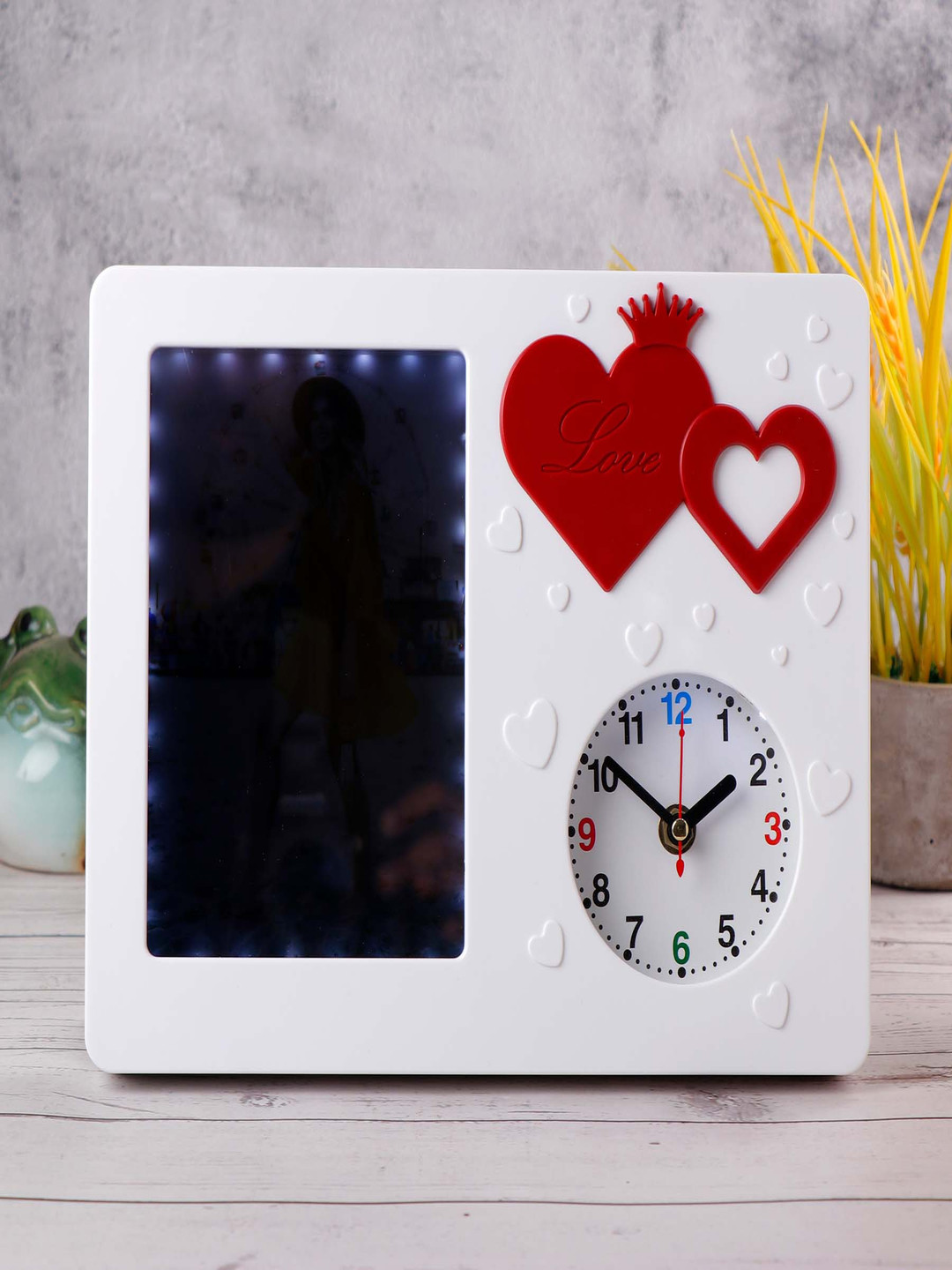 Archies White & Red Printed Table Photo Frame With LED Clock