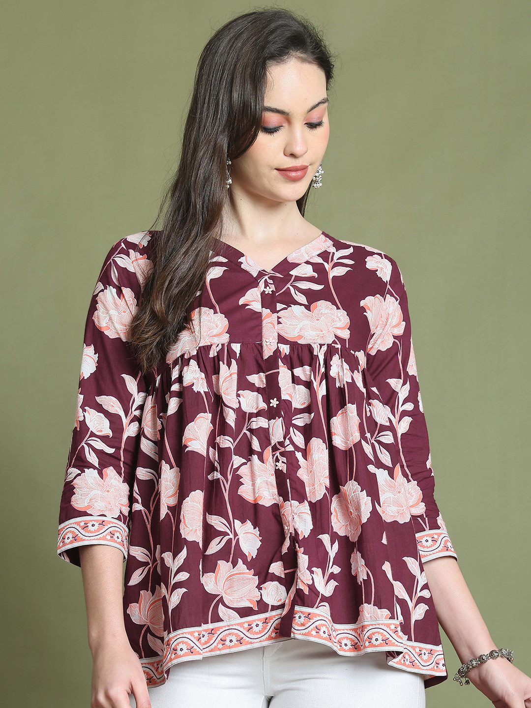 Roly Poly Floral Print Cotton Peplum Top