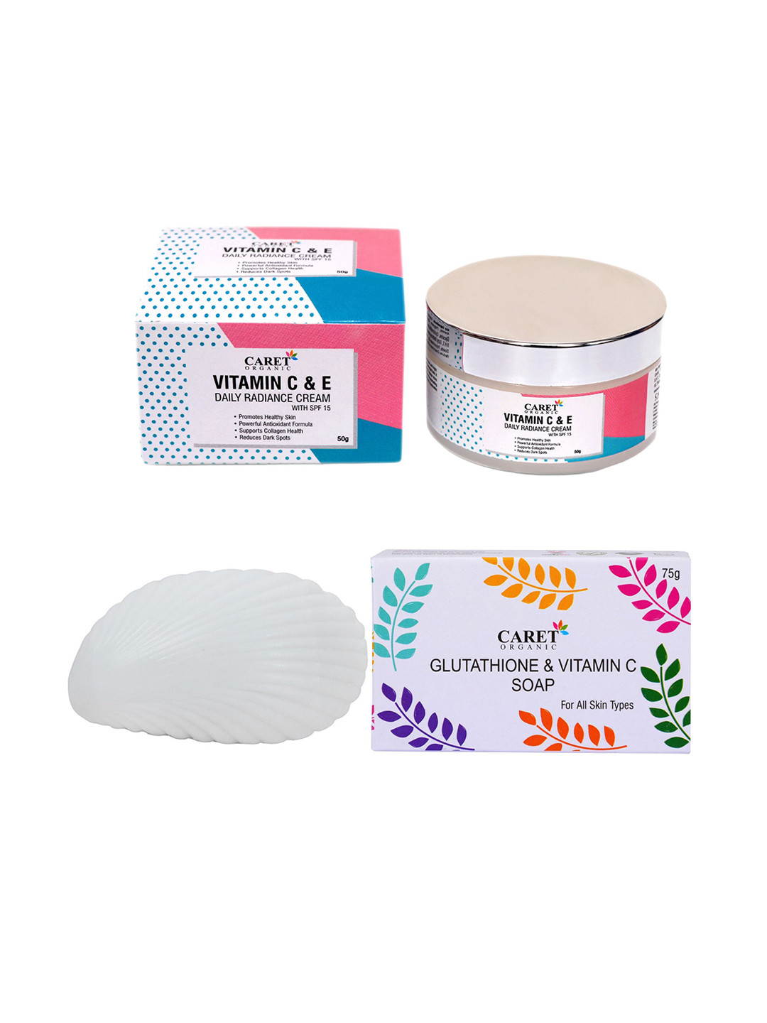 CARET ORGANIC Set Of 2 Vitamin E Radiance Cream - 50 g & Glutathione Soap - 75 g