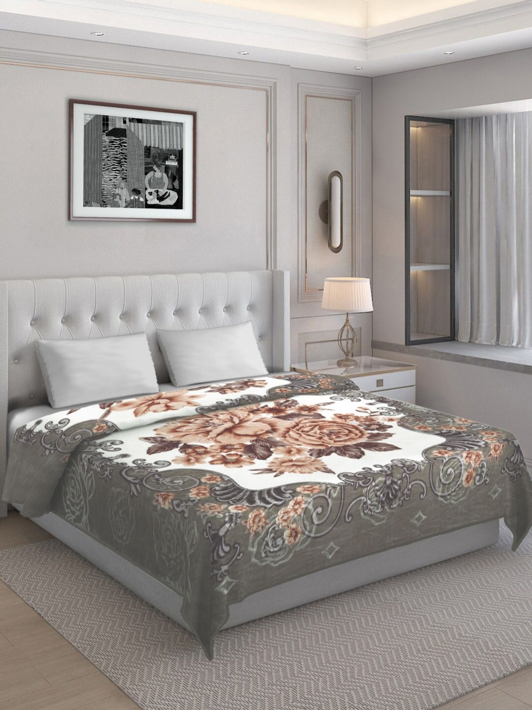 KLOTTHE Brown & Green Floral Self-Design Heavy Winter 1000 GSM King Double Bed Blanket