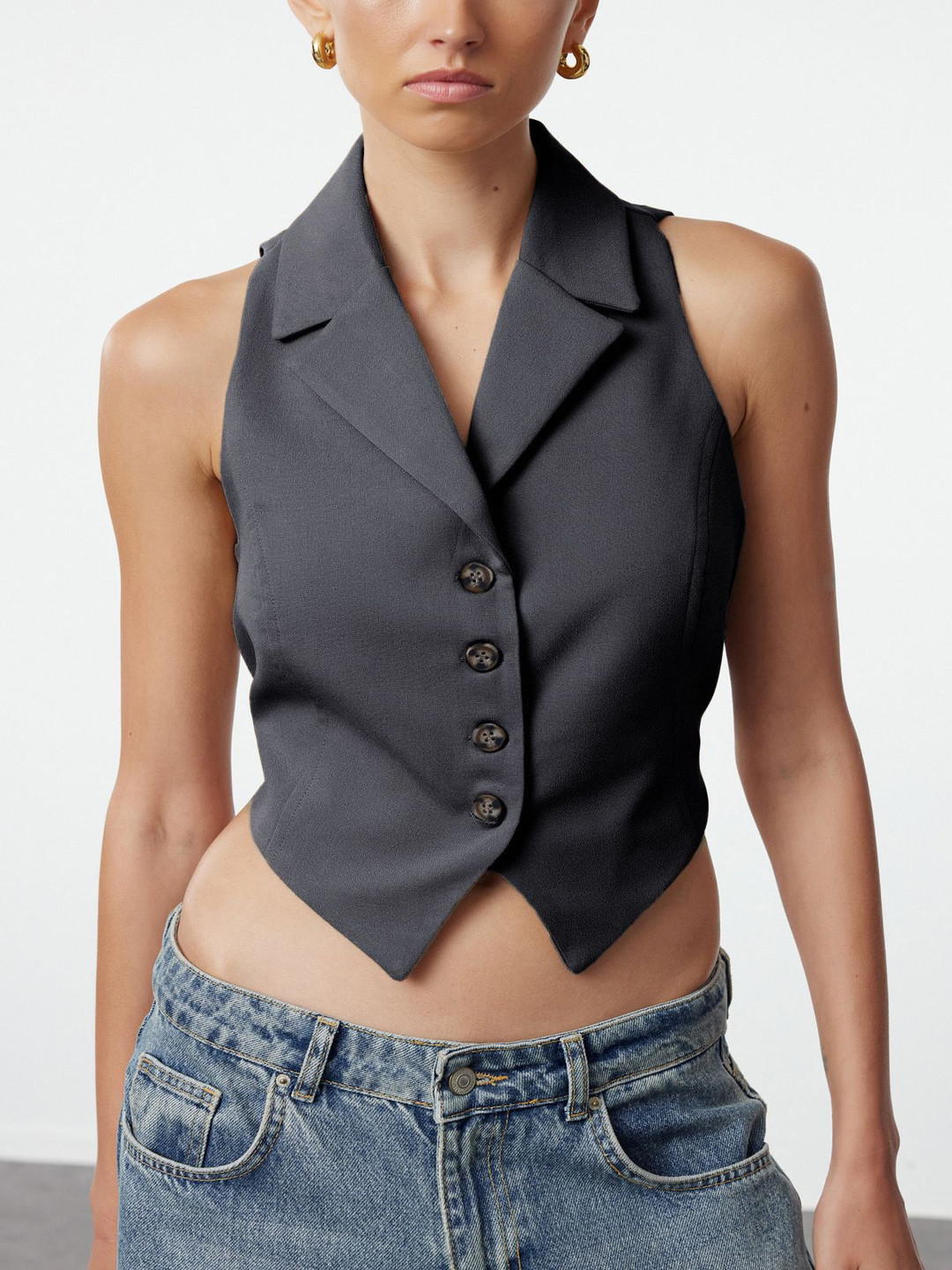 Trendyol Antrasit Collared Sleeveless Woven Waistcoat