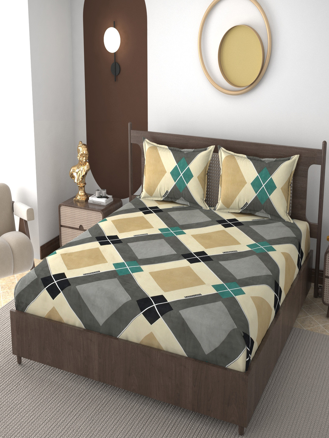 VOMZER Majestic Green Geometric Cotton 210 TC Fitted King Fine Bedsheet with 2 Pillow Covers-198 x 183 cm