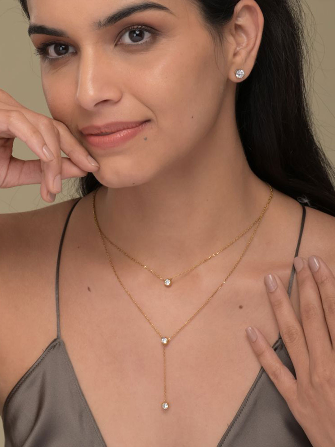 PALMONAS 18K Gold-Plated Stainless Steel Cubic Zirconia Two Layered Solitaire Chain