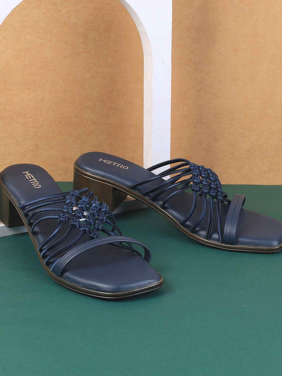 Metro Women Woven Design Block Sandals with Laser Cuts