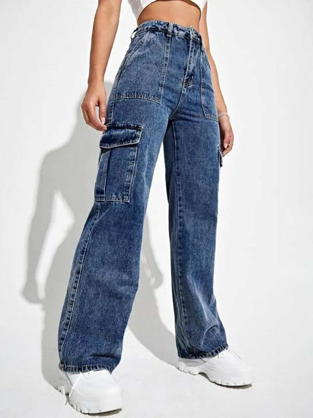 Glossia Nova Women Comfort Wide Leg High-Rise Light Fade Acid Wash Stretchable Cargo Jeans